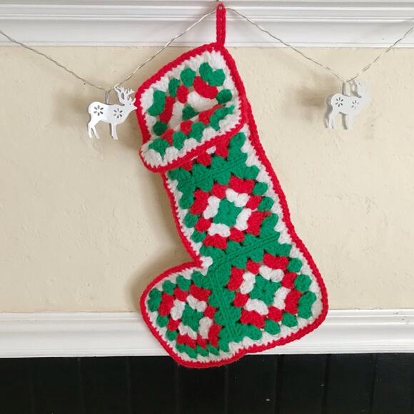 Vintage Crochet Afghan Granny Square Knit Ugly Christmas Stocking handmade 70s - Picture 1 of 4